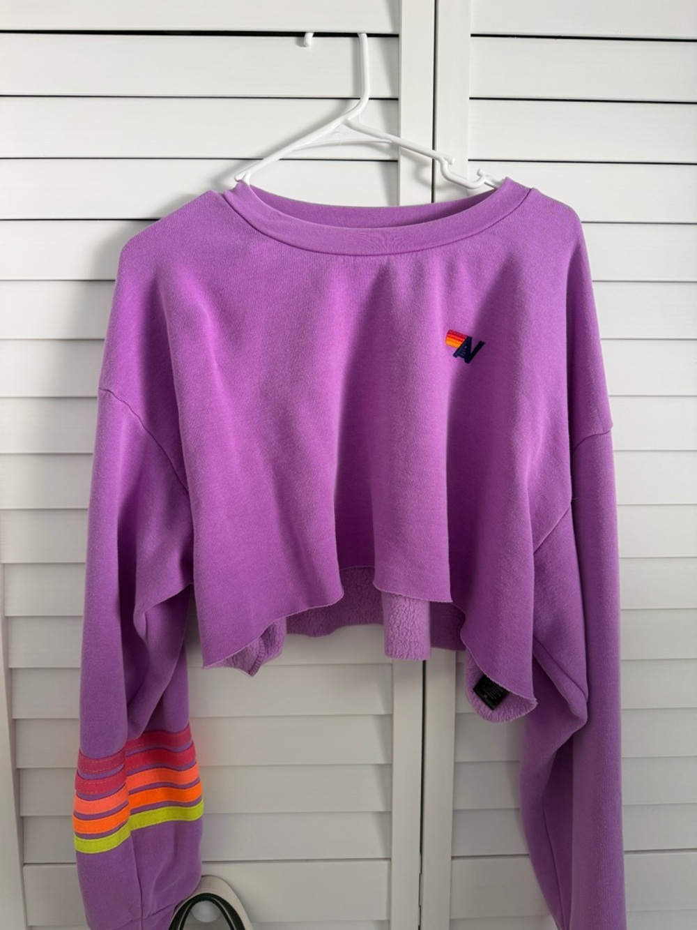 Aviator Nation Lavender Cropped Crewneck with Rainbow Sleeve Stripes